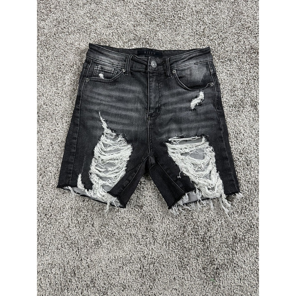 Risen Shorts Womens Small Black Distressed High Rise Y2K Grunge‎ Festival Frayed